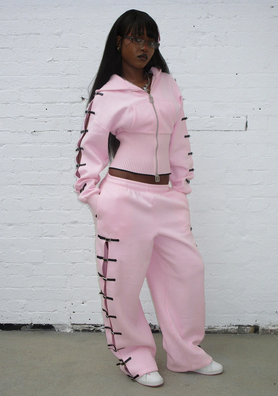 CRUSH BUCKLE FITTED WAIST ZIP HOODIE BABY PINK - Image 3