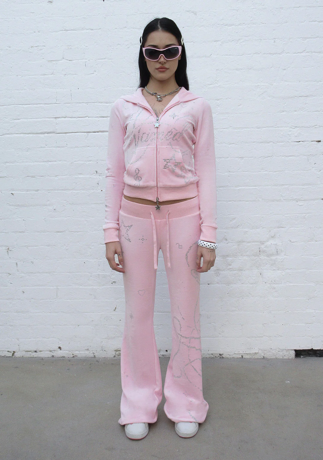 DREAMER RHINESTONE VELOUR TEDDY ZIP HOODIE BABY PINK - Image 3