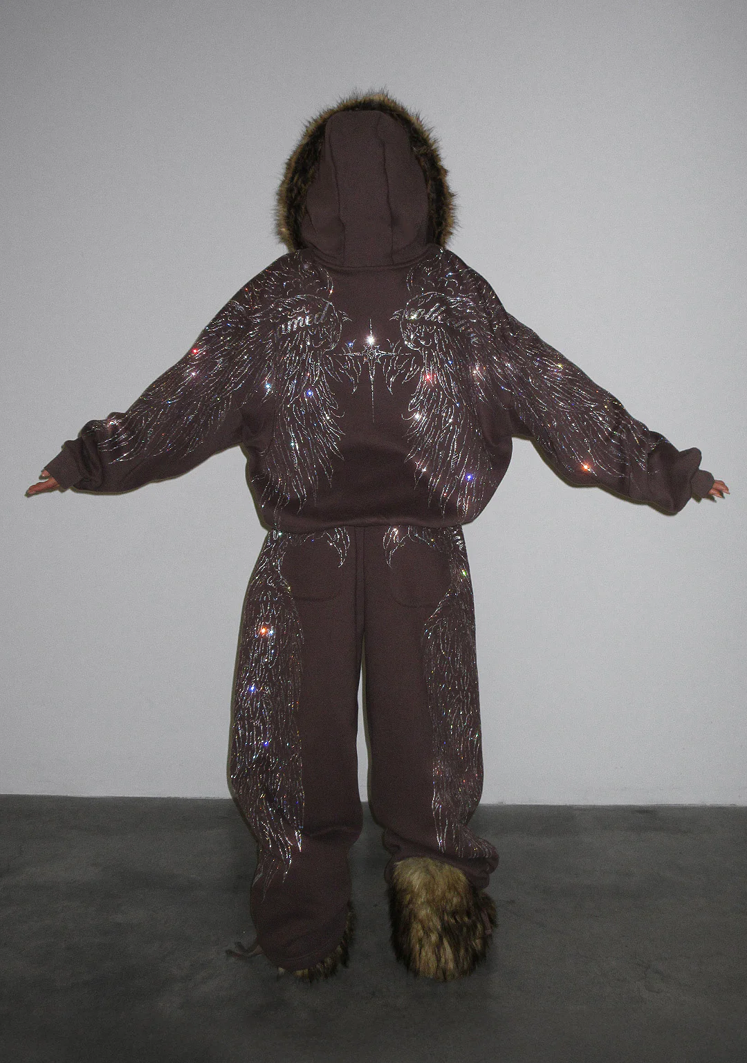 FALLEN FAUX FUR RHINESTONE ZIP HOODIE BROWN (DETACHABLE FUR) - Image 2