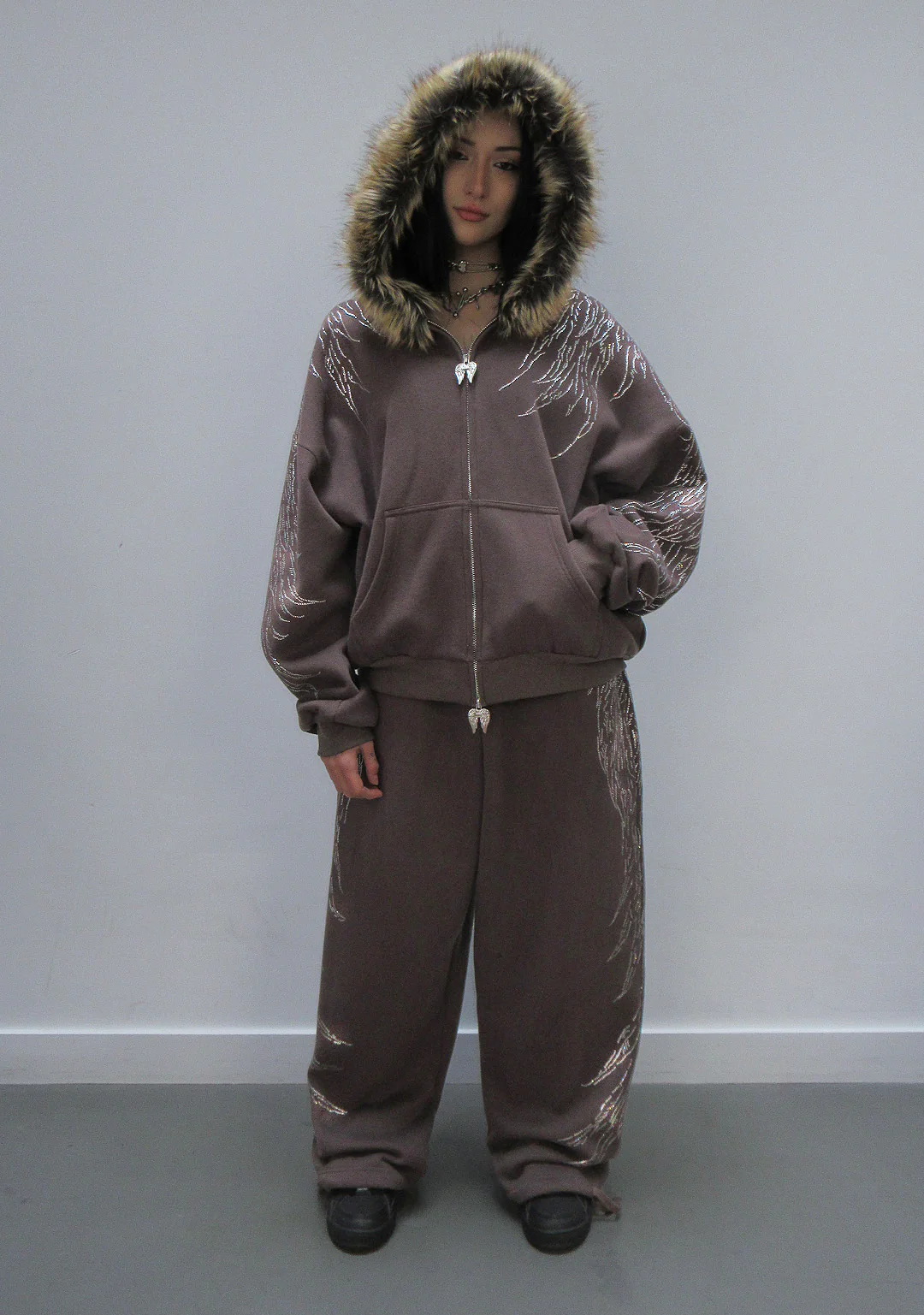 FALLEN FAUX FUR RHINESTONE ZIP HOODIE BROWN (DETACHABLE FUR) - Image 4
