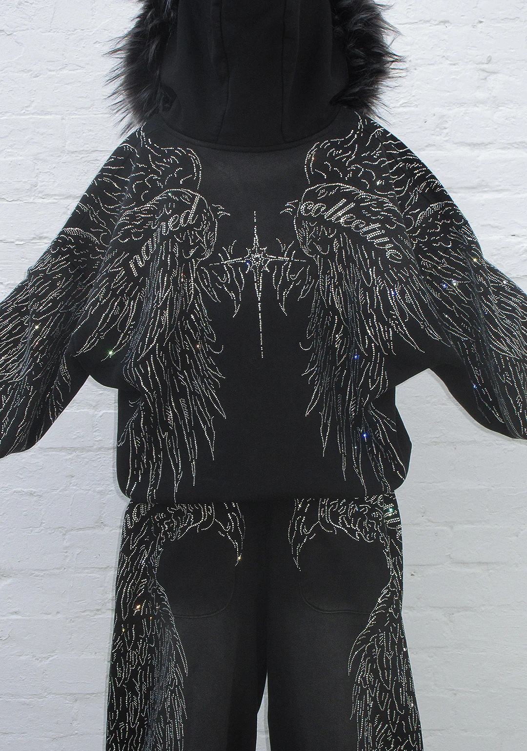 FALLEN FAUX FUR RHINESTONE ZIP HOODIE WASHED BLACK (DETACHABLE FUR) - Image 3