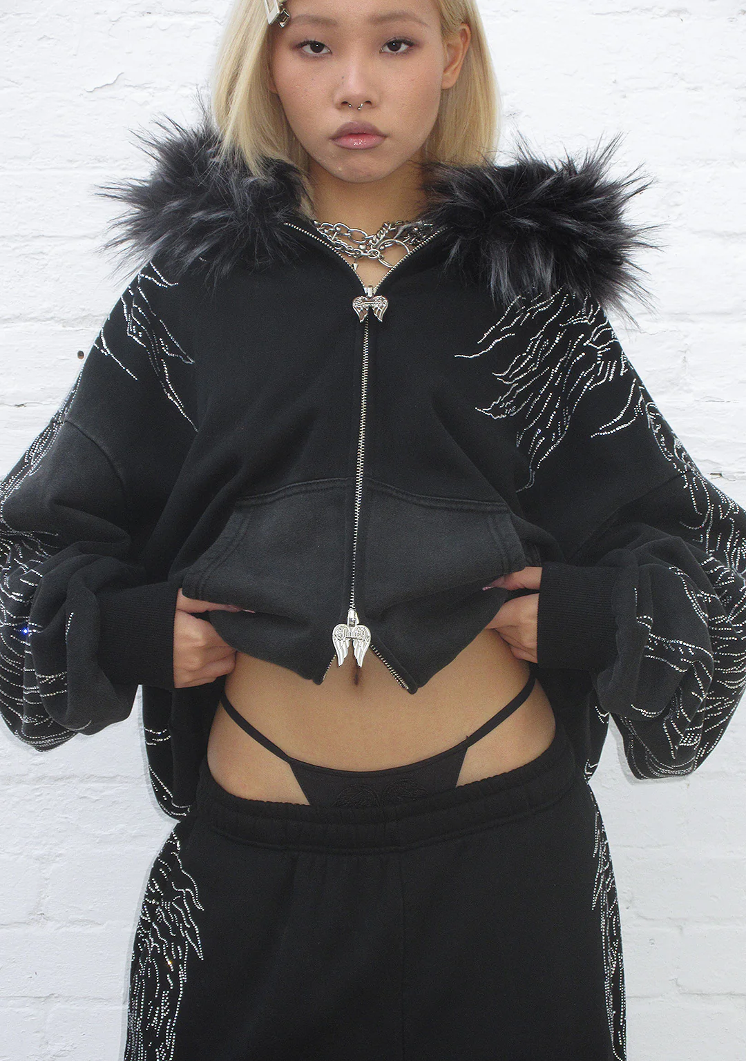 FALLEN FAUX FUR RHINESTONE ZIP HOODIE WASHED BLACK (DETACHABLE FUR) - Image 4