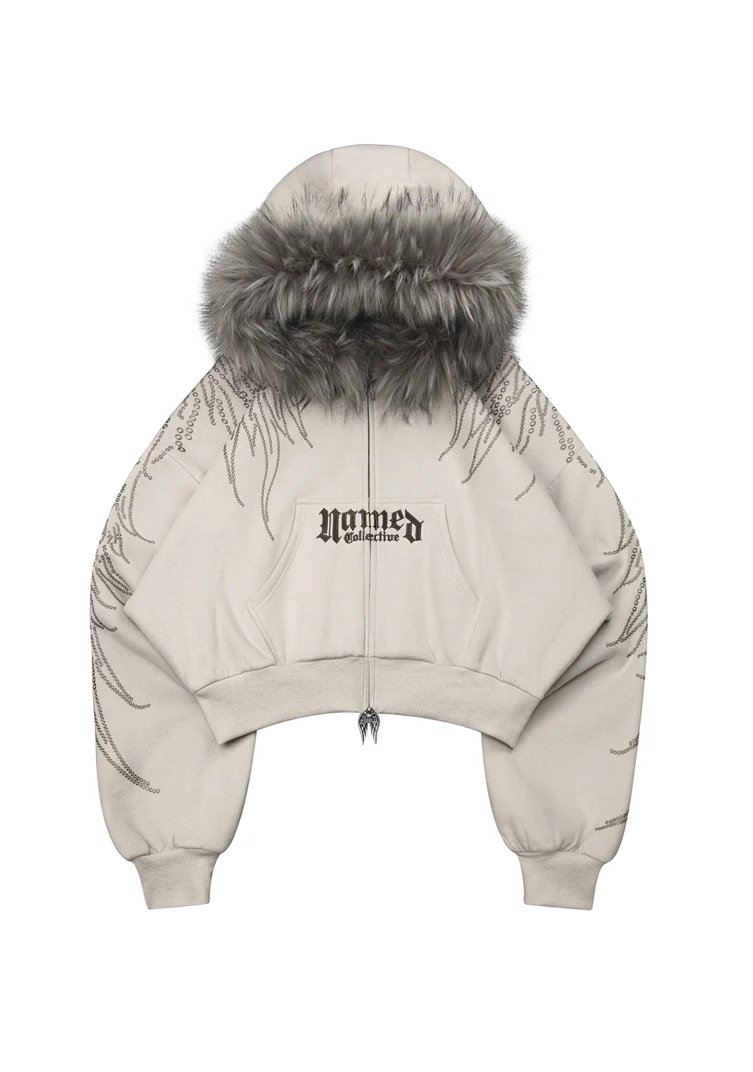 FALLEN FAUX FUR STUDDED CROP ZIP HOODIE BONE (DETACHABLE FUR) - Image 6