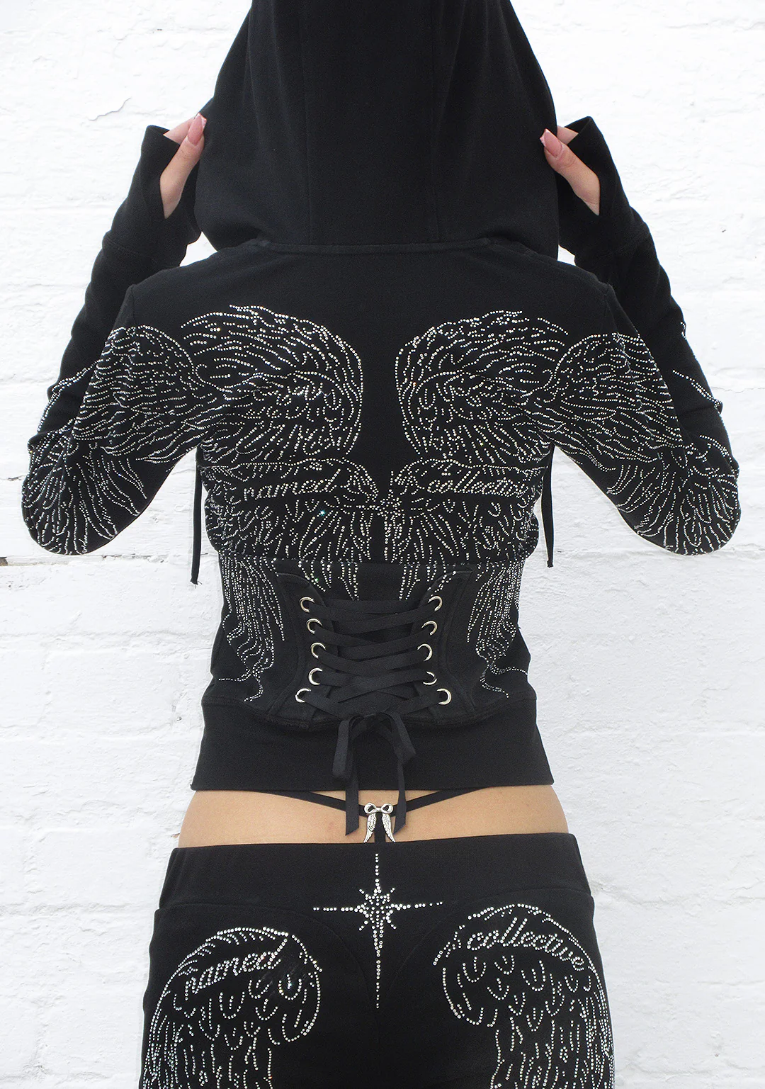 FALLEN RHINESTONE SCULPT STRETCH HOODIE WASHED BLACK - Image 2