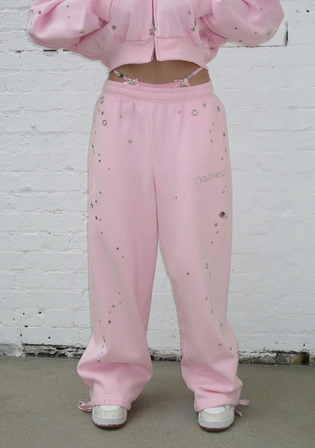 GLITCH EYELET OVERSIZED SWEATPANTS BABY PINK - Image 3