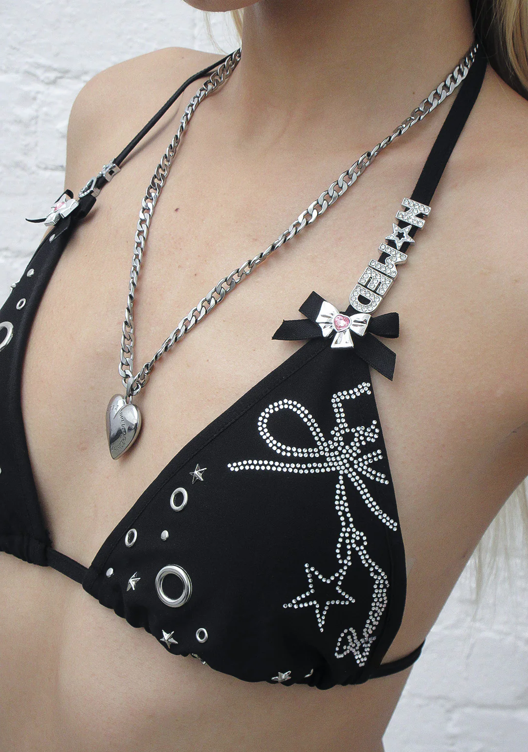 GLITCH EYELET TRIANGLE BIKINI TOP BLACK - Image 3