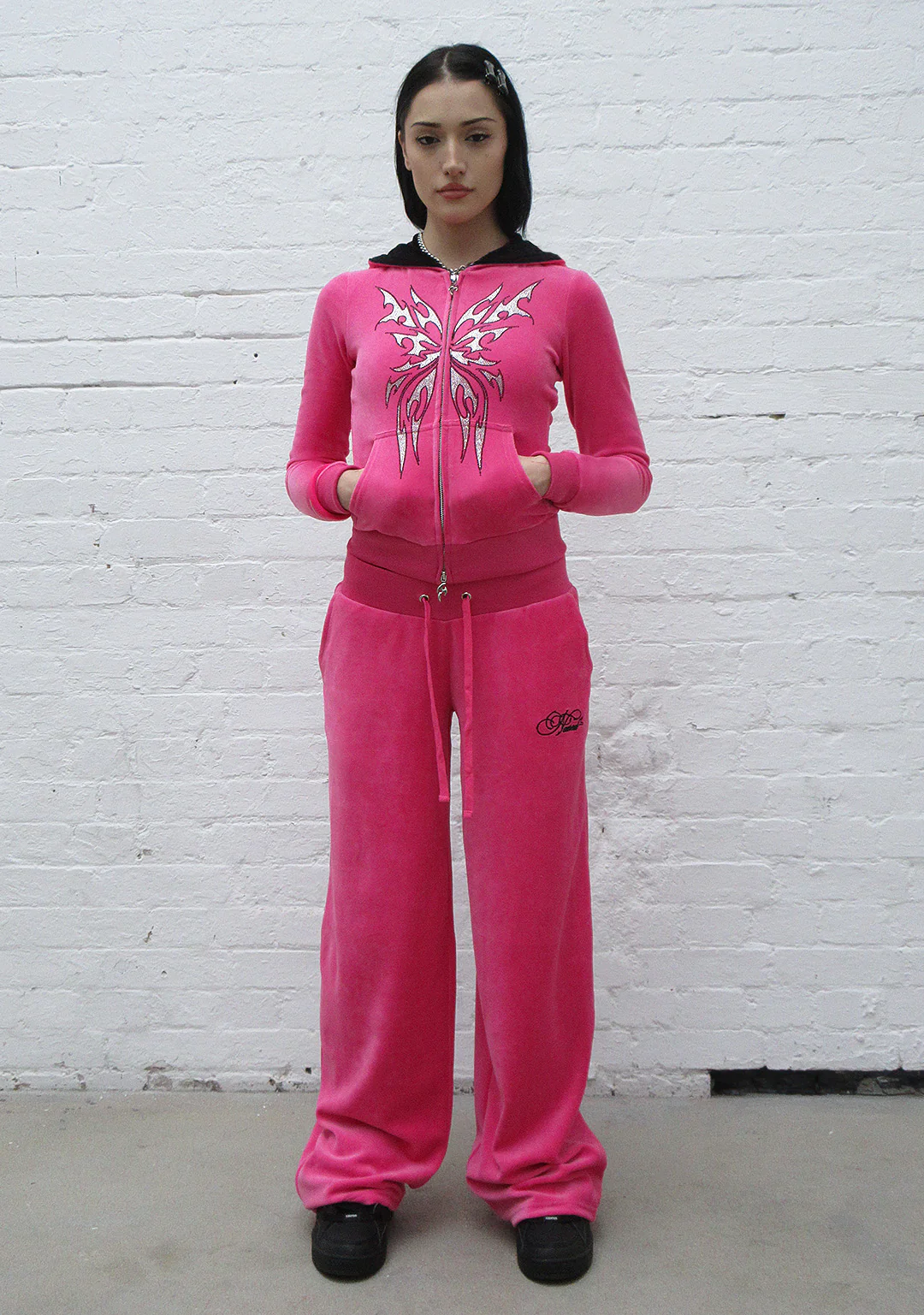 IDOL RHINESTONE VELOUR FITTED ZIP HOODIE HOT PINK - Image 3