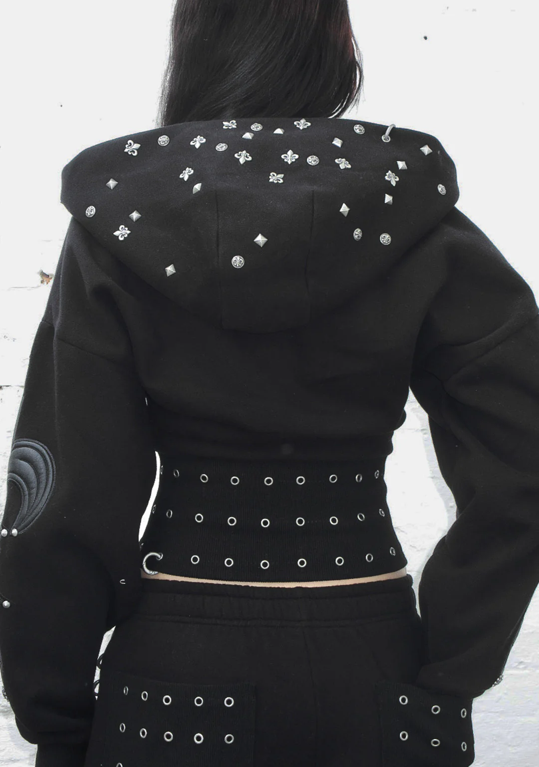 MIDNIGHT STUDDED FITTED WAIST ZIP CROP HOODIE BLACK - Image 4