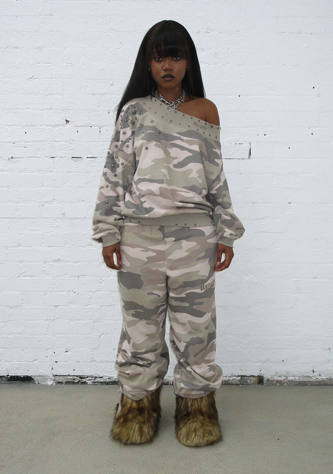 MIDNIGHT STUDDED OFF THE SHOULDER SWEATER CAMO - Image 3