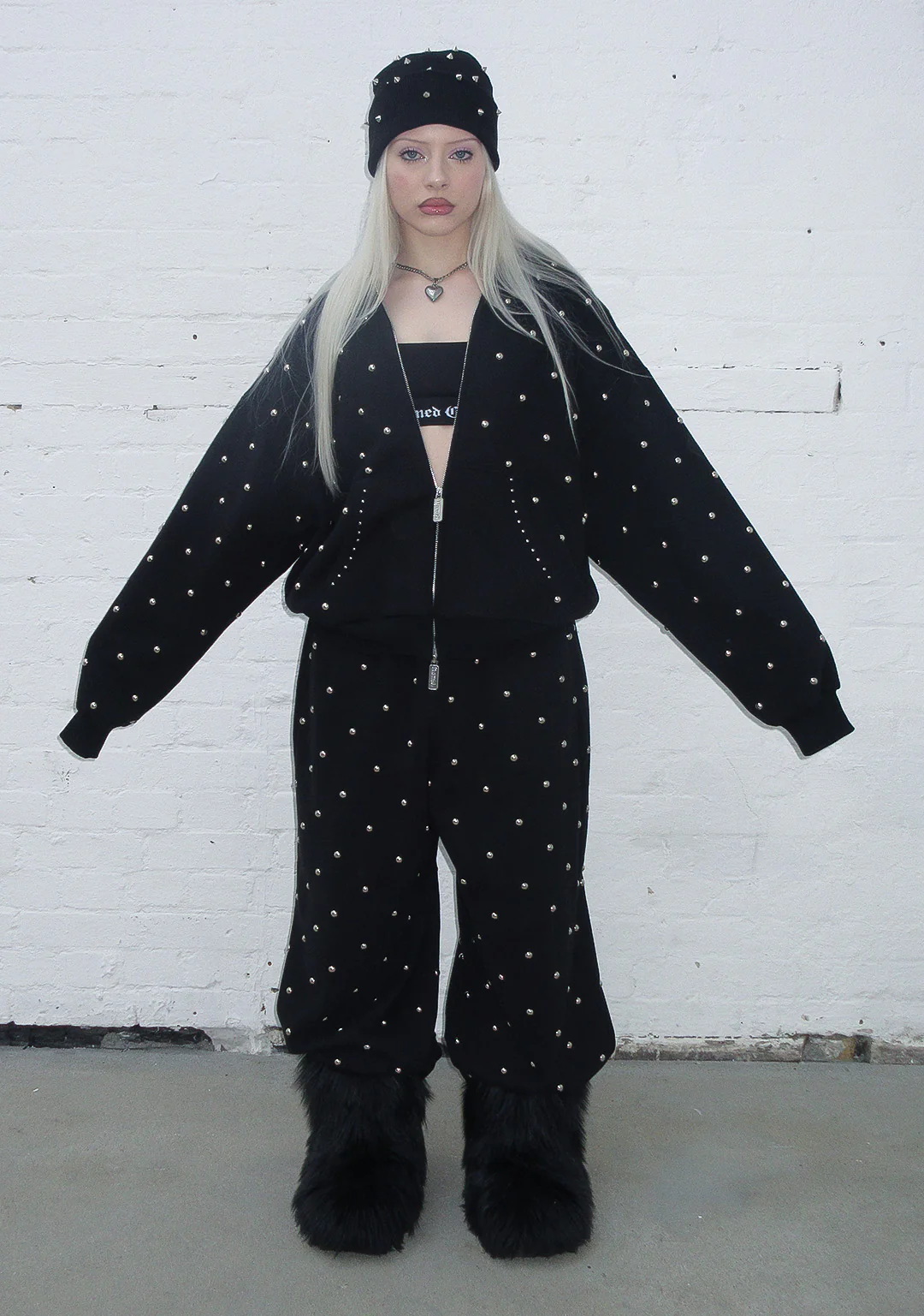 NOVA STUDDED POLKA DOT ZIP HOODIE BLACK - Image 4