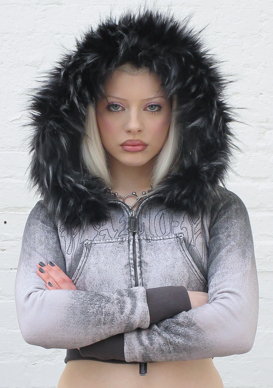 OFF GRID FAUX FUR DENIM EFFECT FITTED ZIP HOODIE WASHED BLACK (DETACHABLE FUR) - Image 6