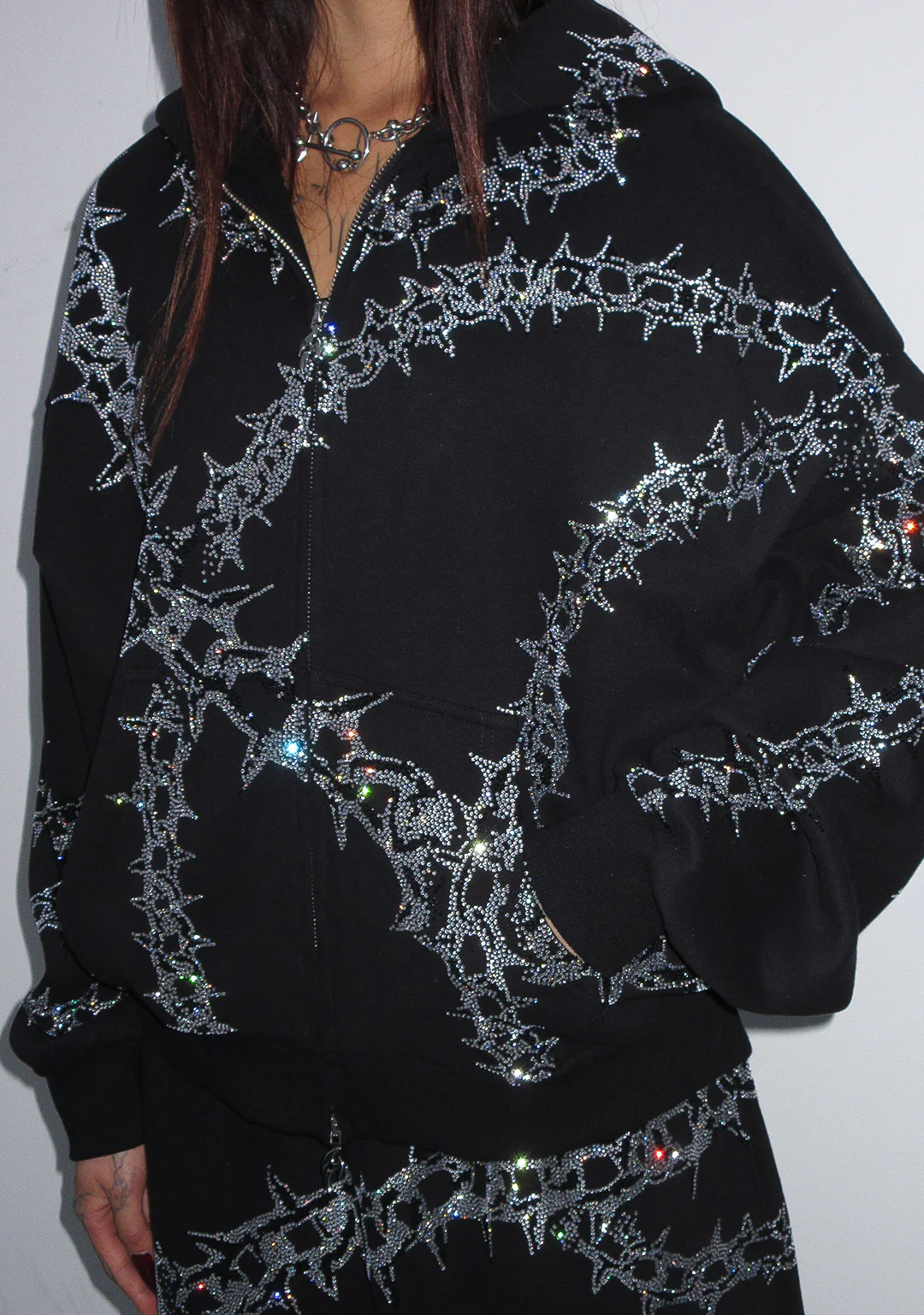 OMEN RHINESTONE ZIP HOODIE BLACK - Image 6