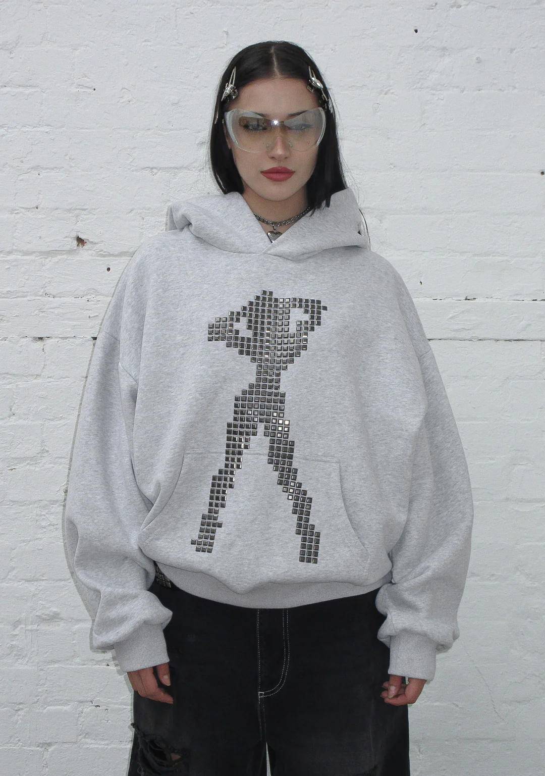 STRANGERS STUDDED SILHOUETTE PULLOVER HOODIE GREY MARL - Image 3